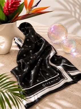 Givenchy Black Silk Logo Scarf – Monogram Print with Contrast Border (31.5”)